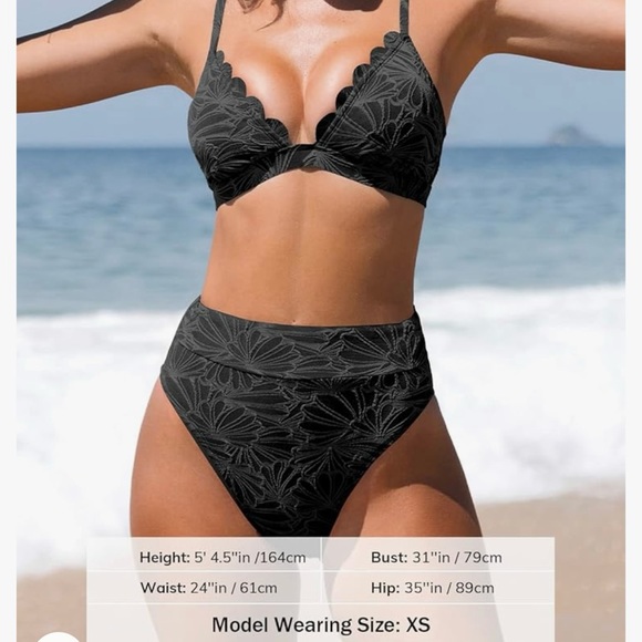 CUPSHE Women’s Black High Waisted Scalloped V Neck Bikini Set S - Picture 3 of 6